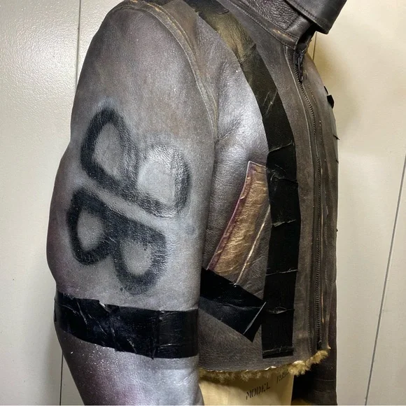 Balenciaga Paint Logo Taped Genuine Shearling Bomber Jacket - Picture 5 of 16